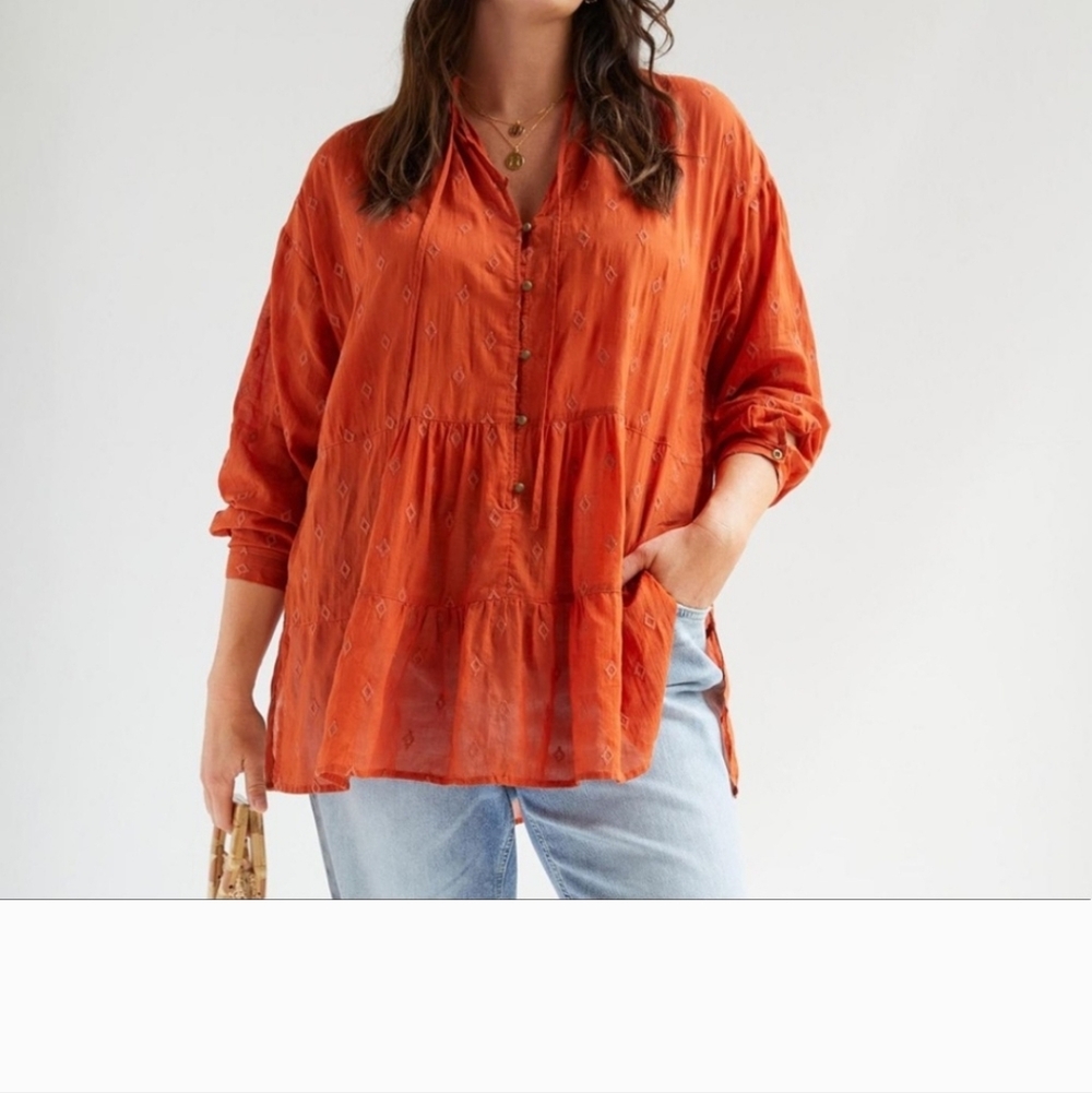 Anthropologie || Pilcro Tiered Tunic Embroidered Boho Rust Orange Medium
